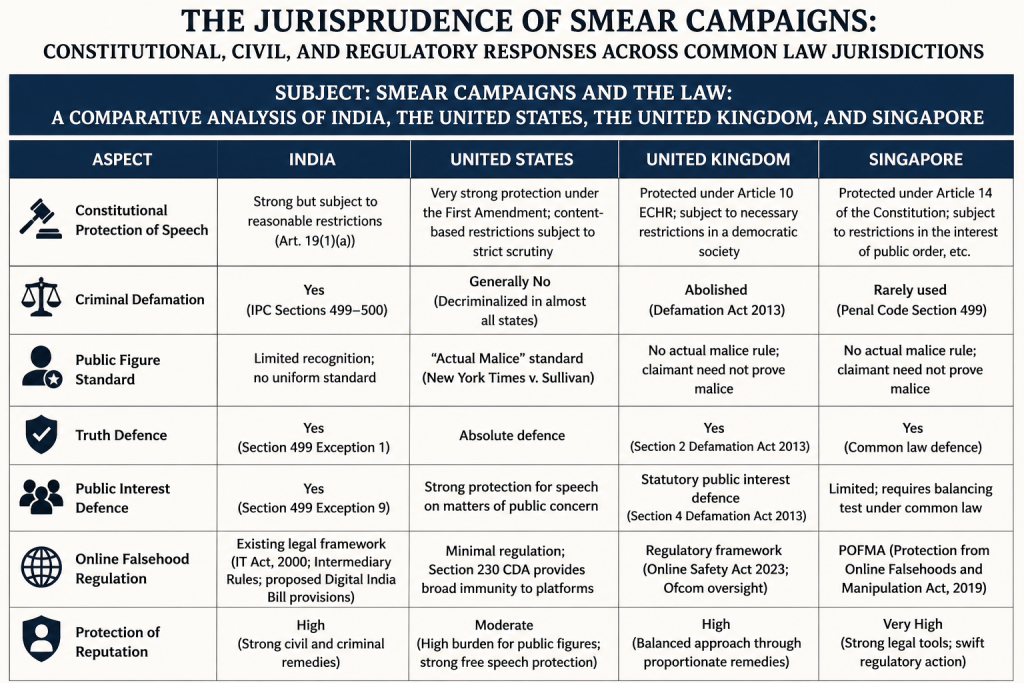 THE JURISPRUDENCE OF SMEAR CAMPAIGNS: CONSTITUTIONAL, CIVIL, AND REGULATORY RESPONSES ACROSS COMMON LAW JURISDICTIONS