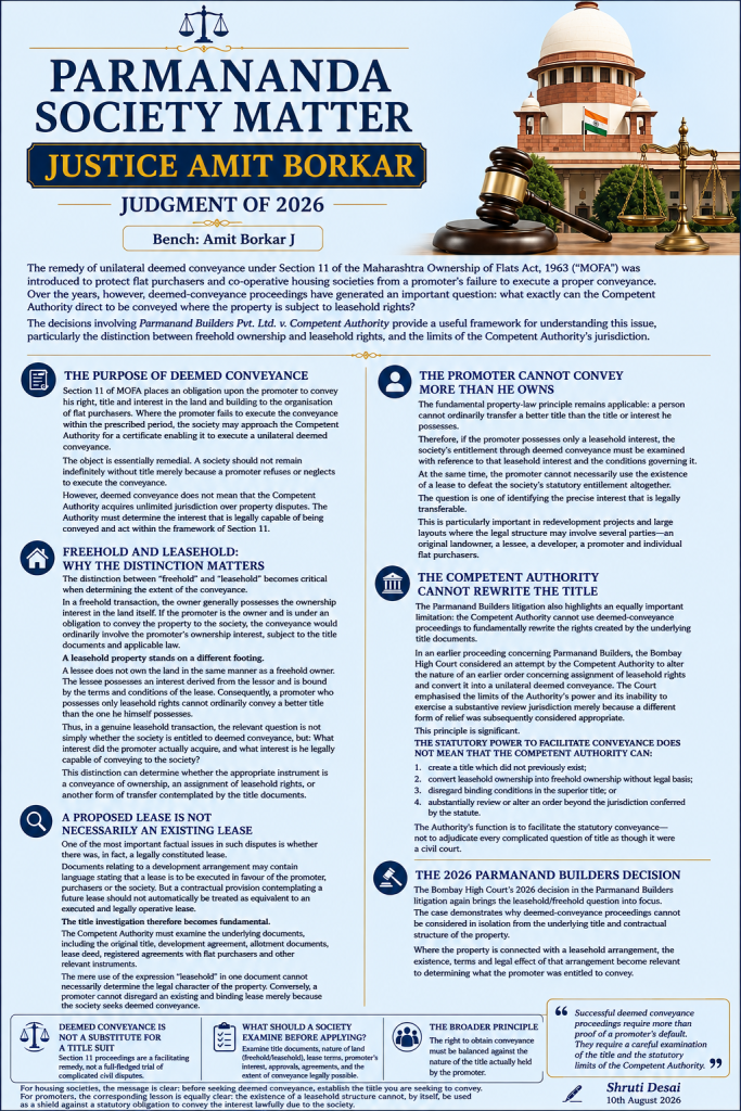 Unilateral Deemed Conveyance under MOFA: Leasehold, Freehold and the Limits of the Competent Authority  Lessons from Parmanand Builders v. Competent Authority: 24 February, 2026